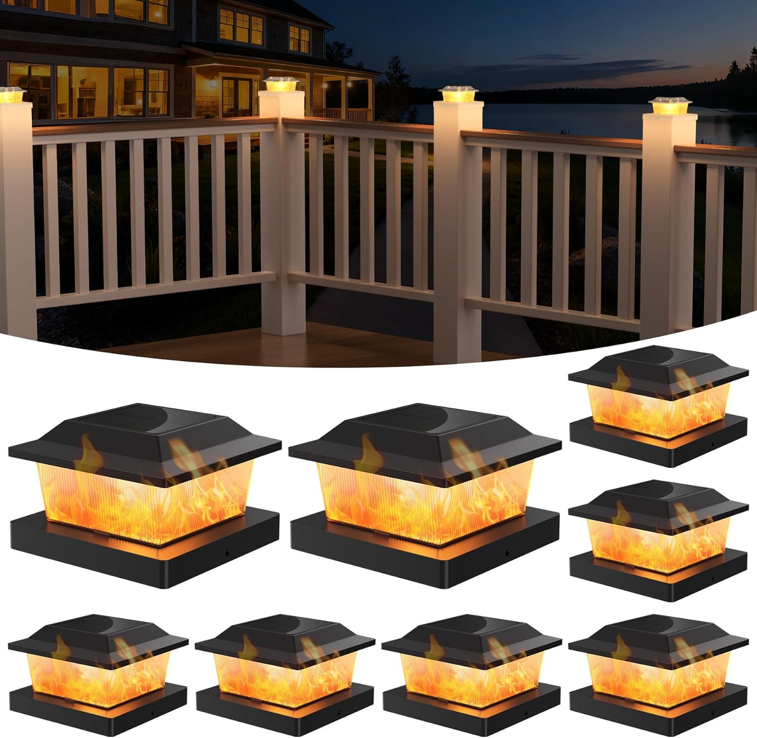 Solar Post Cap Lights, 8 Pack Outdoor Flickering Flame Light Fit for 3.5X3.5 4X4