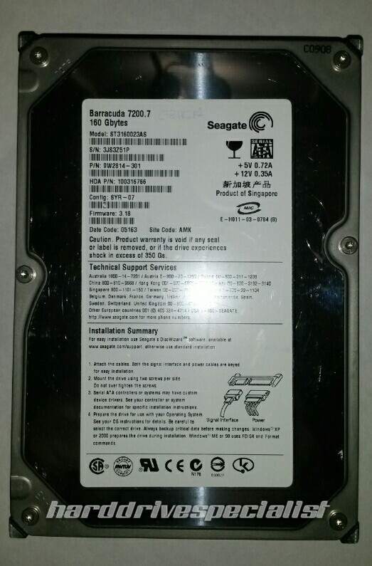 Seagate ST3160023AS 160GB SATA HDD P/N:9W2814-301 Config:SYR-07 F/W:3.18