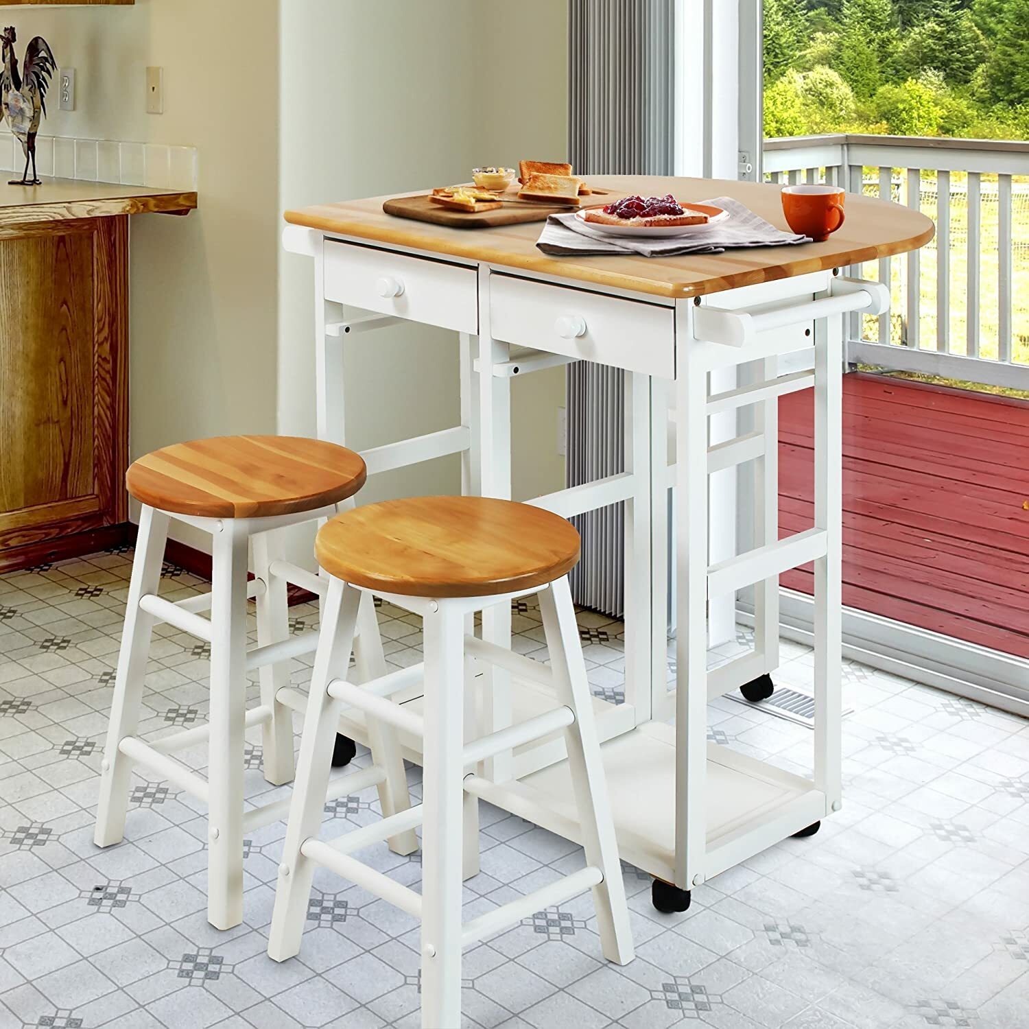 White Wooden Kitchen Breakfast Cart Set Dining Table Stools Rolling Island Pub