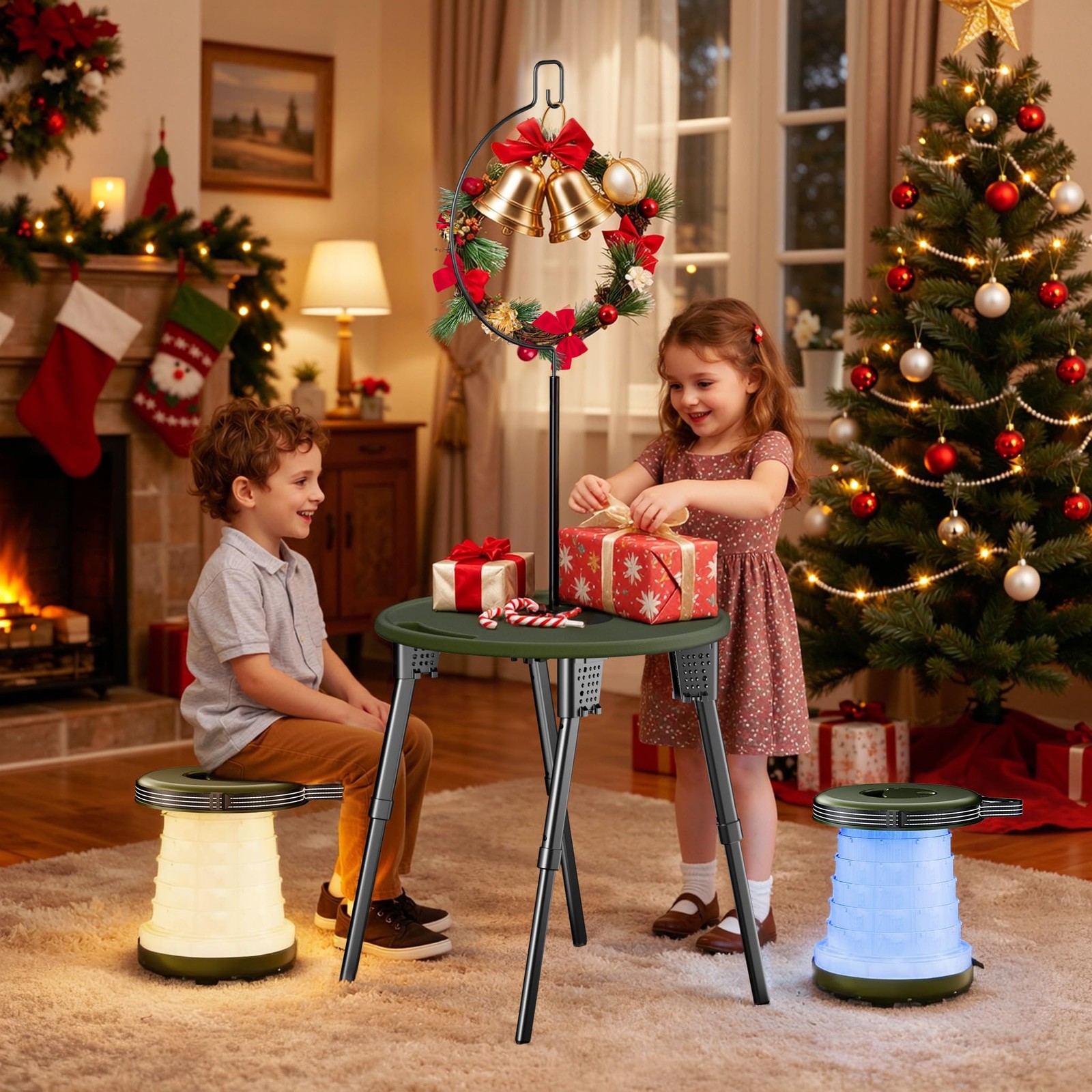 Collapsible Camping Stool with Lights, Adjustable Height, Portable Folding Chair