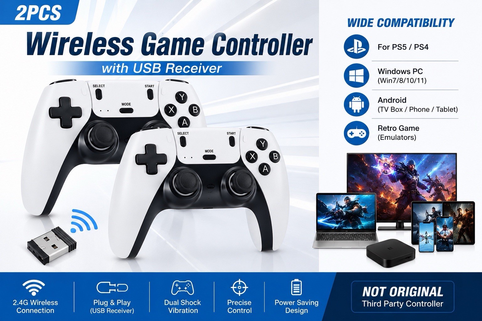 2PCS Universal Wireless Game Controllers USB Receiver for PC Android TV Box