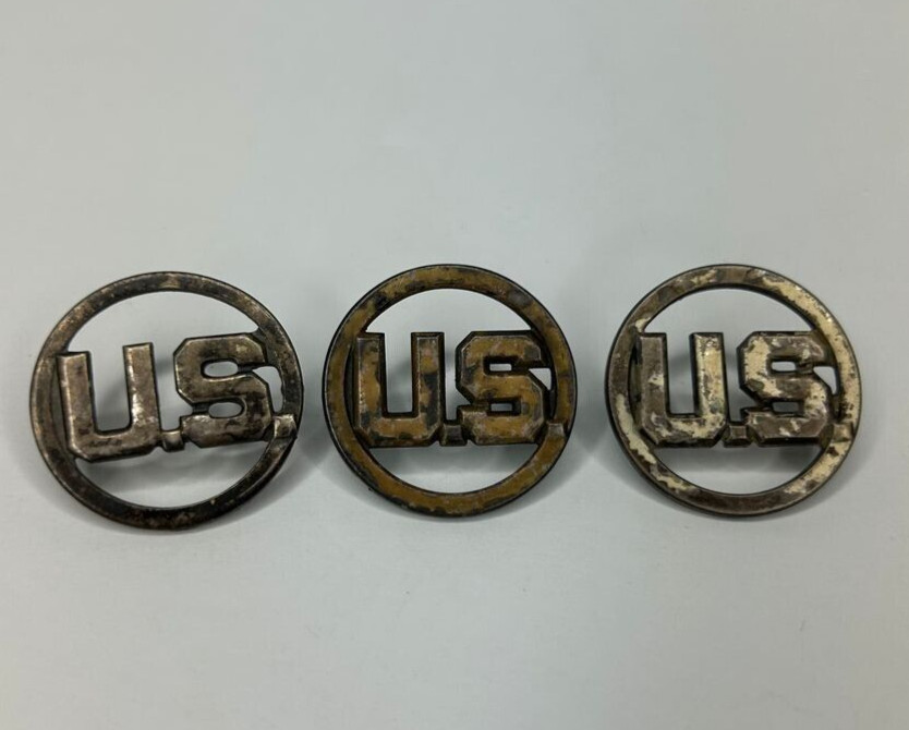 3 Vintage US Military Collar Pins 1in Gold Tone Patina Intact No Backs Roleplay