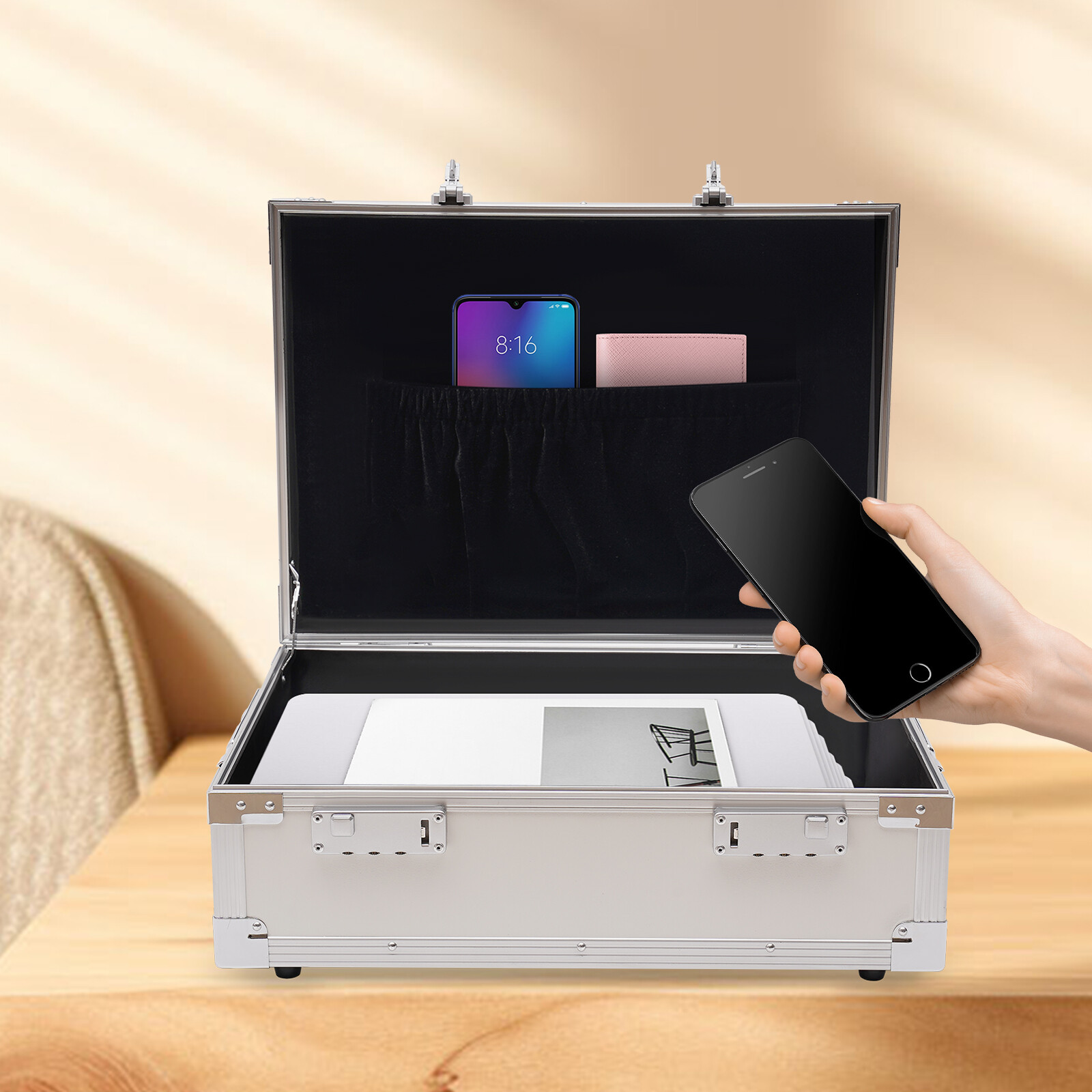 Silver Storage Lock Box Tabletop Lockable Storage Box 46*33*12.5cm Portable Box