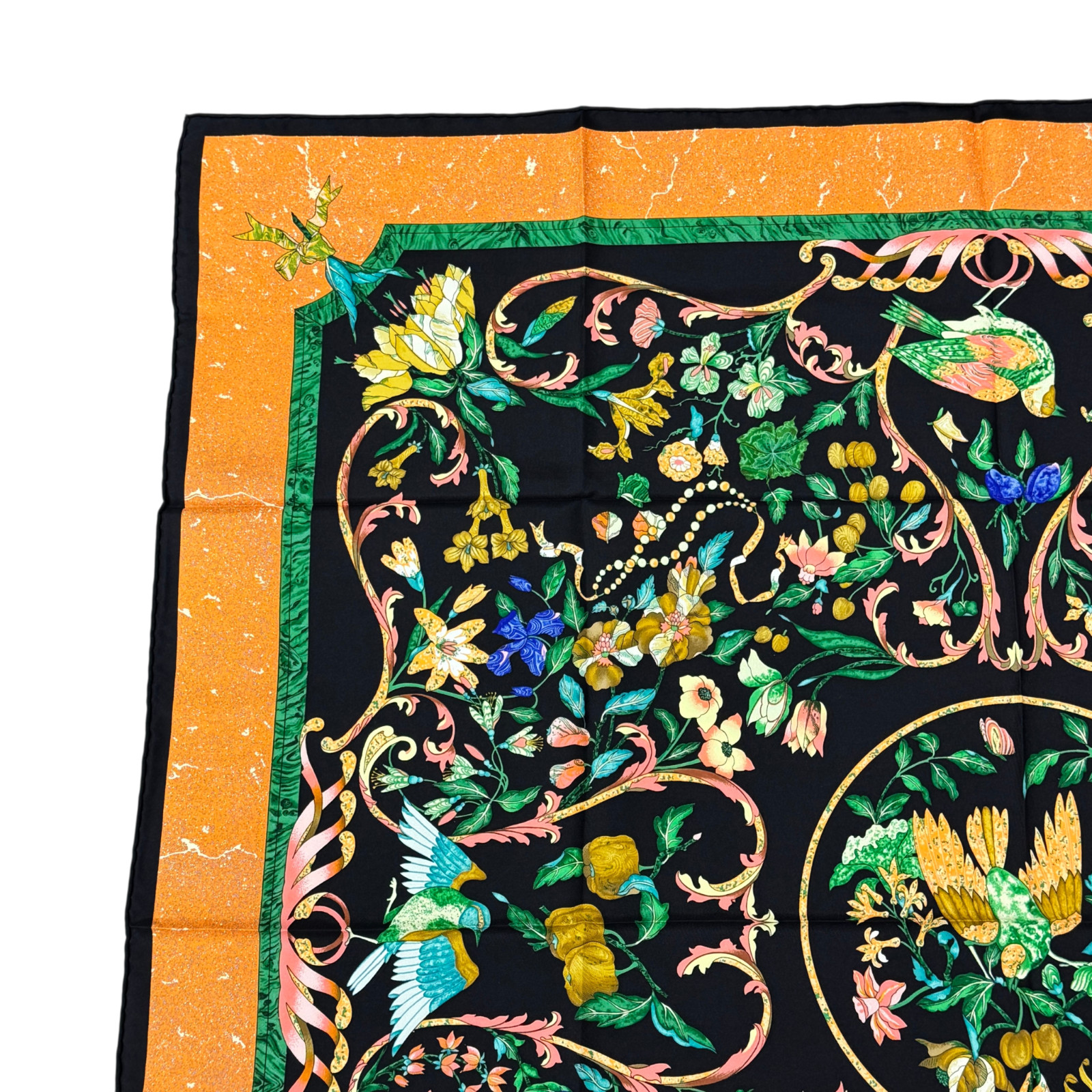 Hermes Carre 90 Fleurs et Oiseaux Silk Scarf Black Multicolor Auth 2603027517