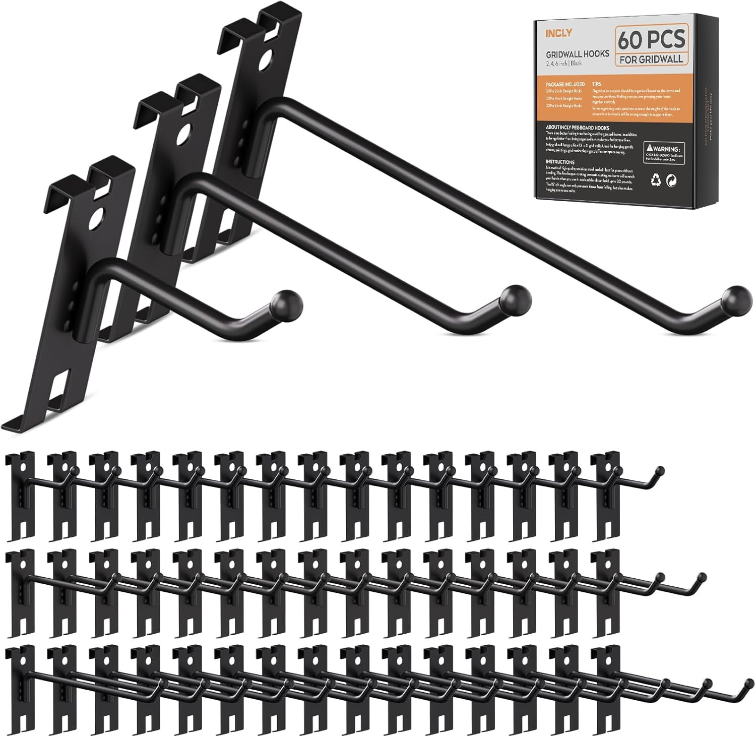 2/4/6 Inch Gridwall Hooks, 60 Pack Heavy Duty Black Display Hooks for Grid Wall