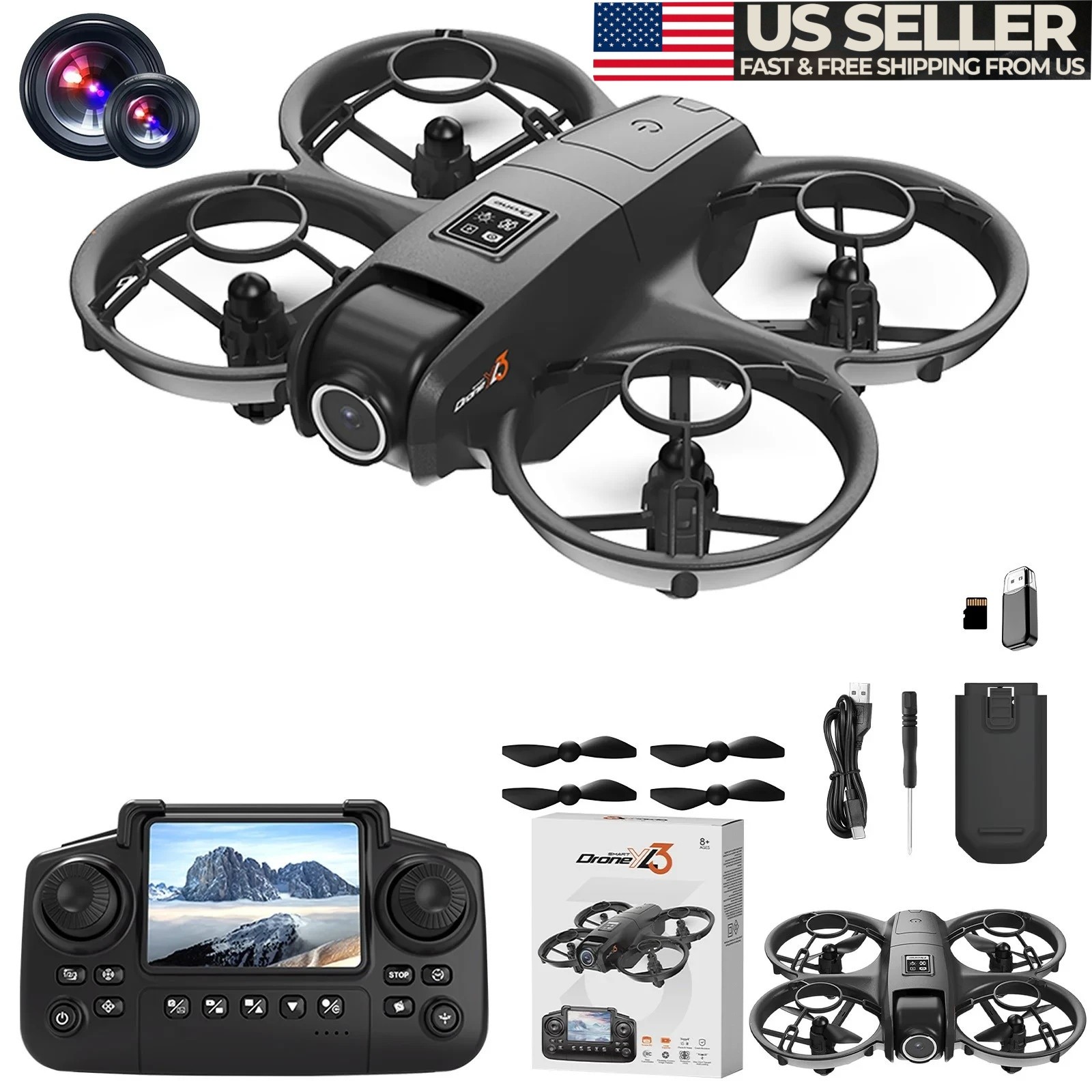 Mini Drone With HD Dual Cameras Propeller Safety Protection, 3 Speed Adjustable