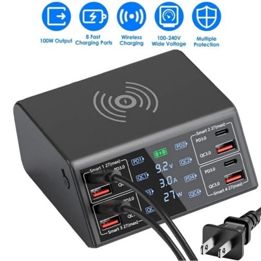 US 100W 8 Port Multi USB-C PD QC3.0 Fast Charger Phone Wireless Charging Station