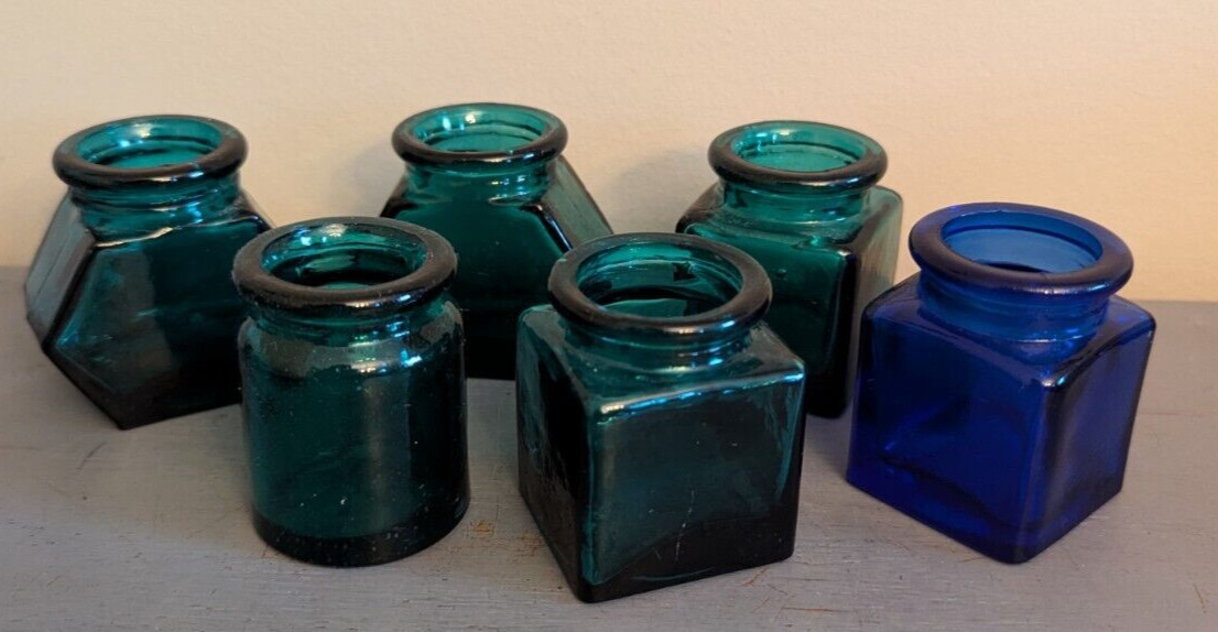 Recycled Glass Mini Spice Jars Bottles Inkwells Turquoise Cobalt 2" No Corks (6)