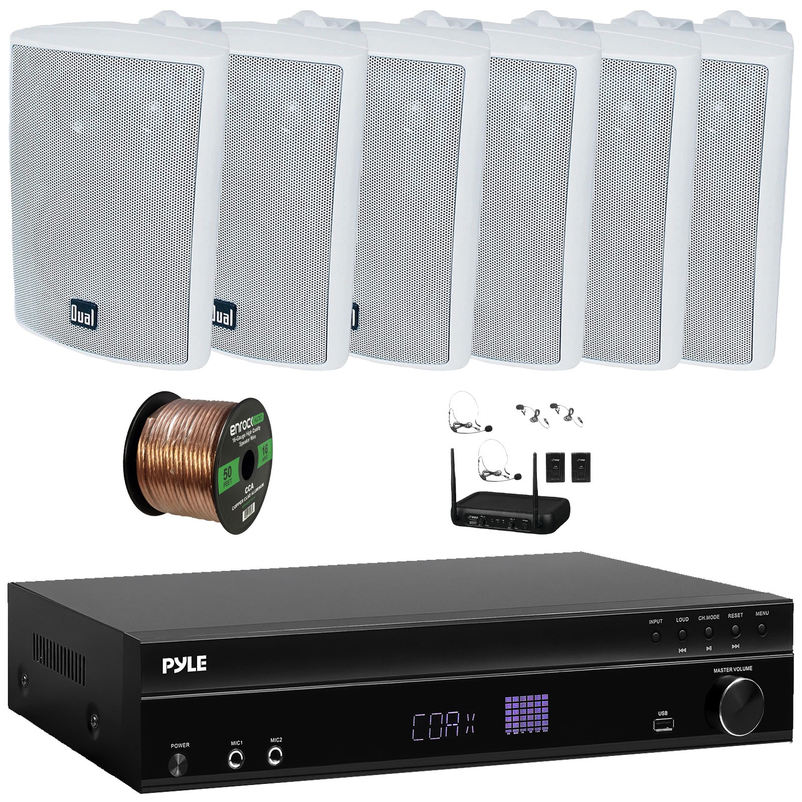 Pyle 1000W Max Karaoke Receiver, 6x 4" 200W Max White Speakers + Wireless Mic