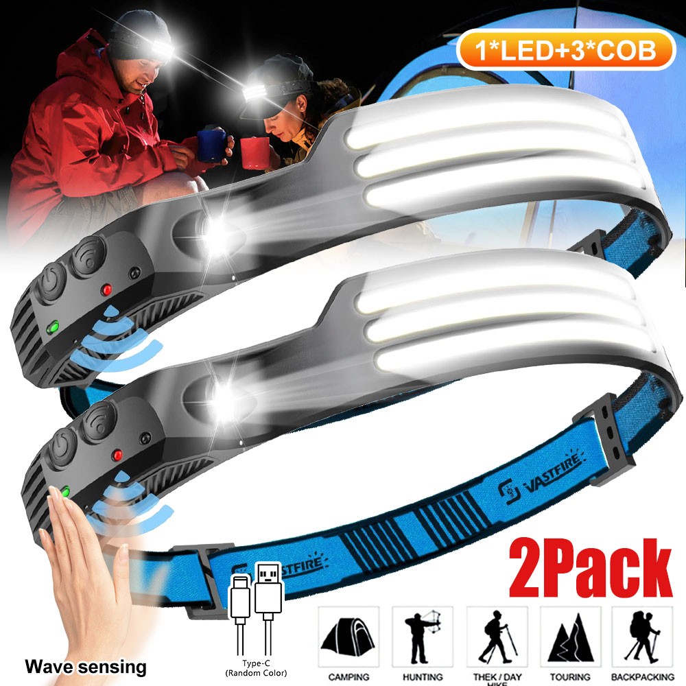 2pcs 3COB LED USB Rechargeable Headlight Torch Work Light Bar Head Band Lamp