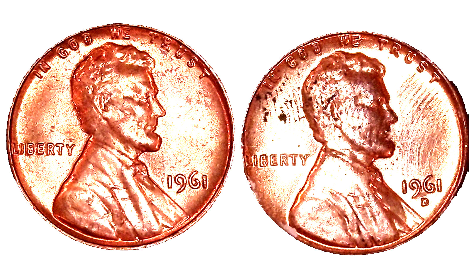 1961--1961-D PENNY ERRORS L- ON RIMS AND MORE UNC, 2COINS