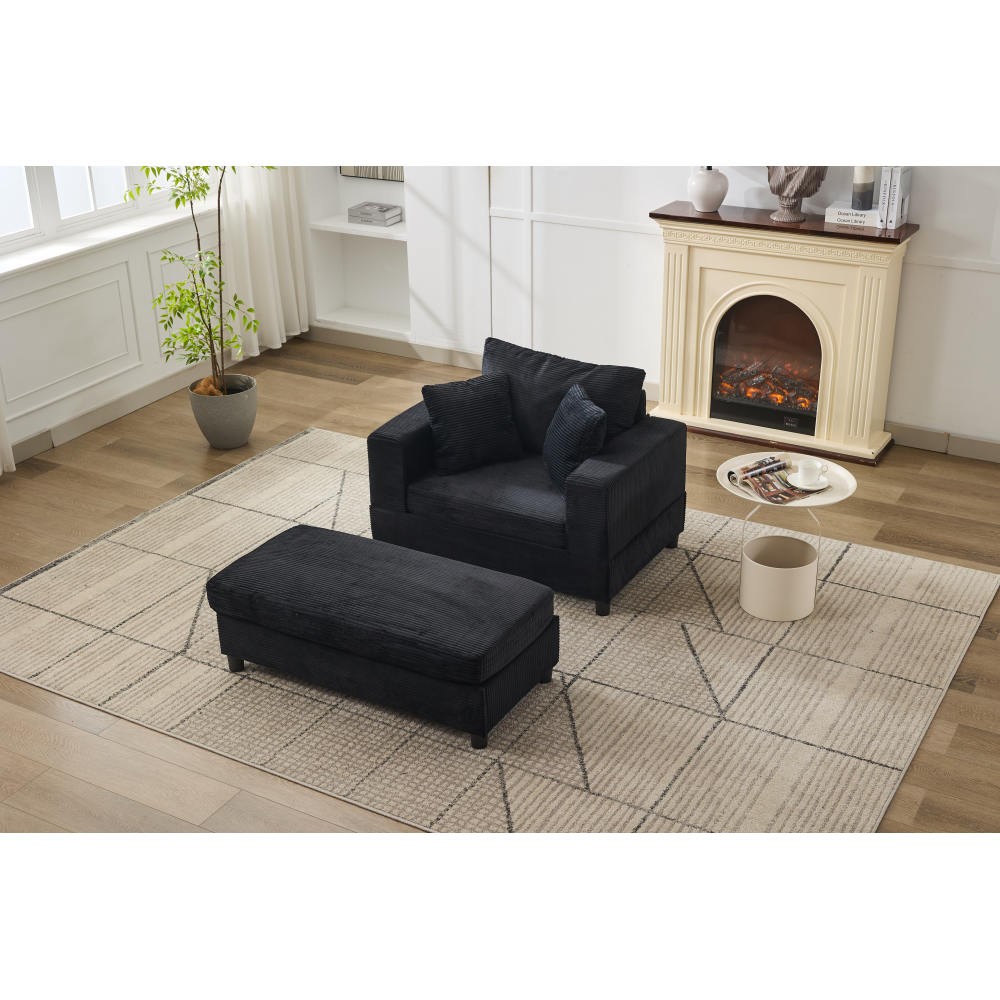 Modern Chaise Lounge Chair w/ Removable Ottoman & Pillows, Black Corduroy