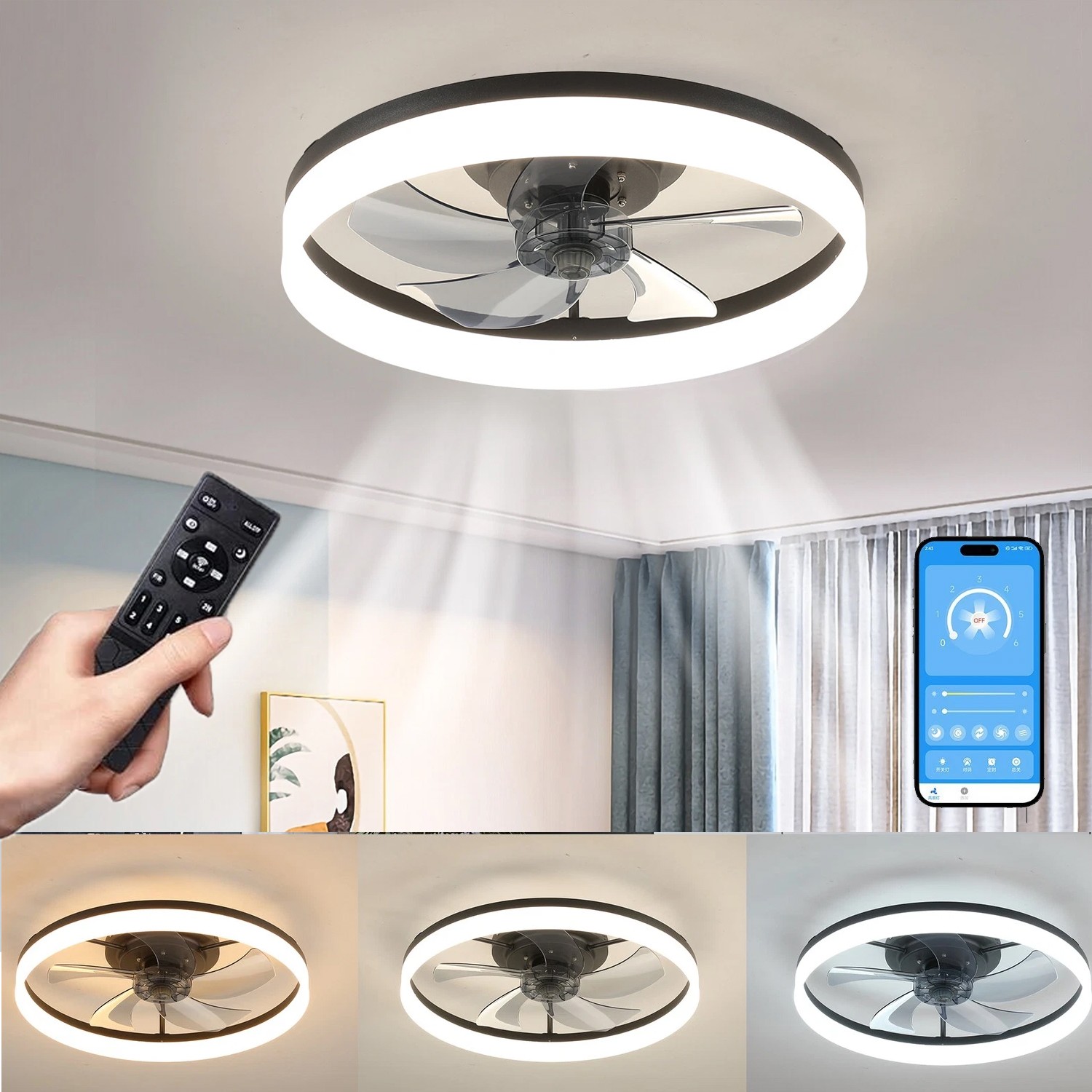 20 inch Black Flush Mount LED Ceiling Fan with Light Remote APP Control Modern