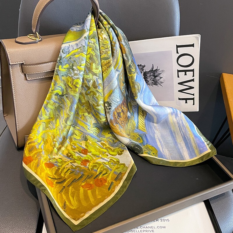 100% Silk Scarf Women Vintage Green Oil Paiting Kerchief Headscarf Tied 68*68cm