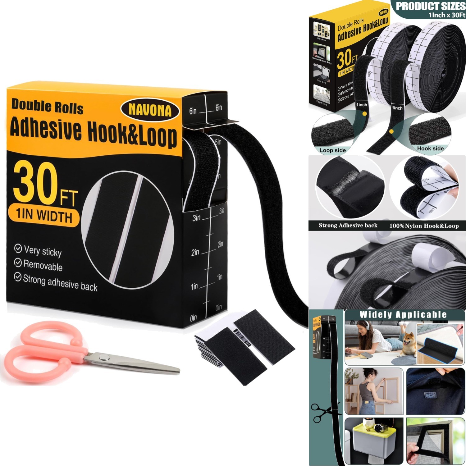30Ft x 1in Heavy Duty Hook and Loop Tape Adhesive Sticky Fastener Strips Black
