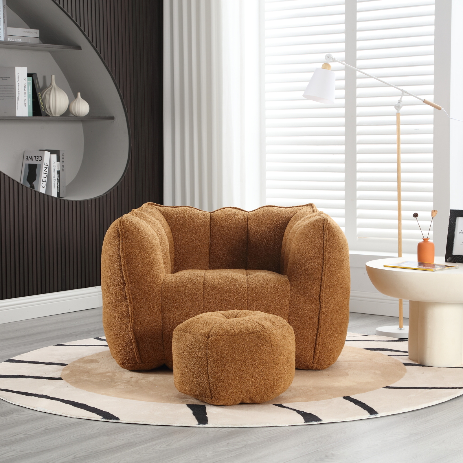 Bean Bag Chair + Footstool Armrest Bean Bag Chair Lazy Sofa Living Room Khaki