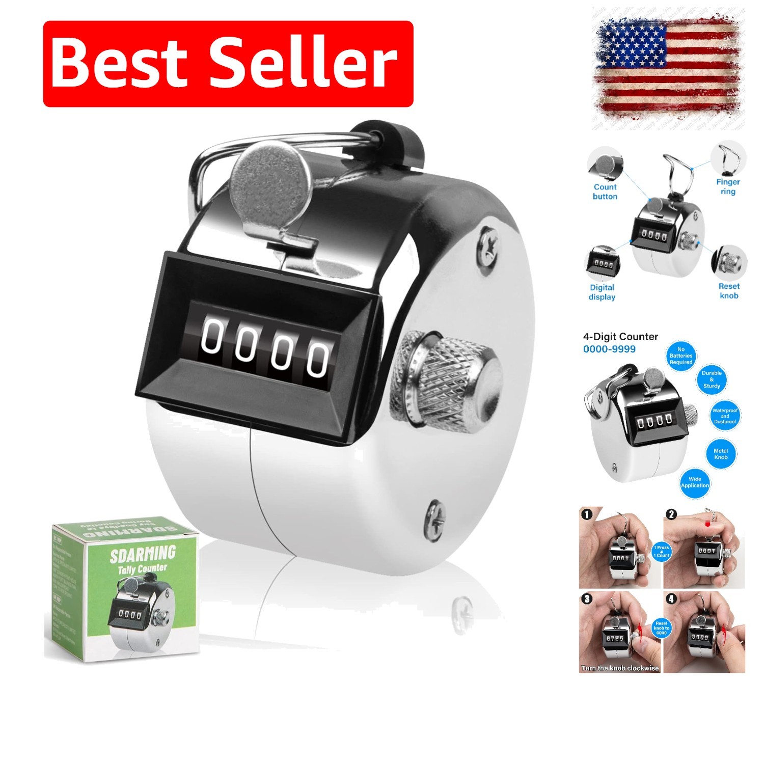 Tally Counter, 4-Digit Clicker Counter, Metal Hand Tally Counters Clicker Pit...