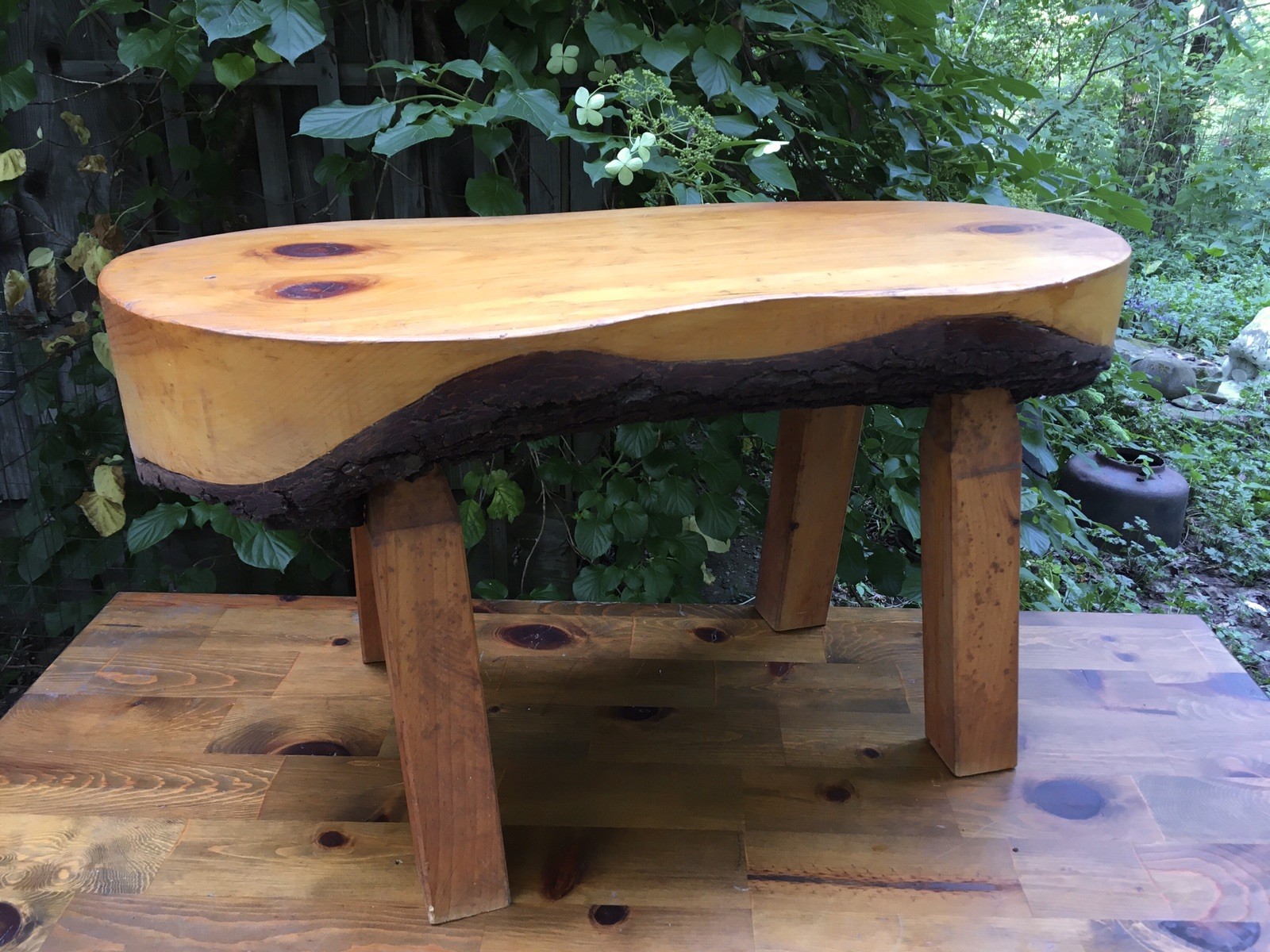 Vintage Handmade Primitive Wooden Log Bench Coffee Table w Bark Underside