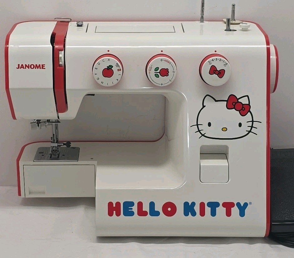 Hello Kitty Janome Sewing Machine Red White Sanrio w Foot Pedal Tested RARE!!!
