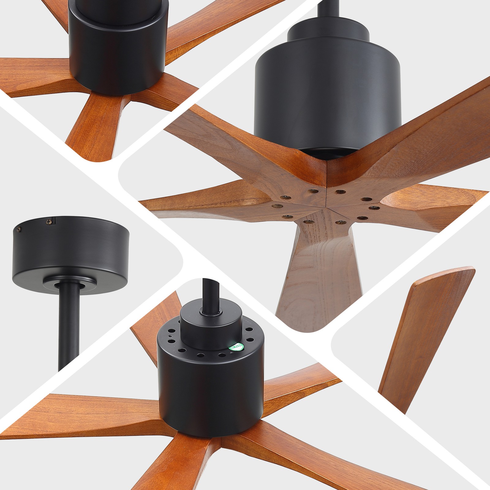52"Matte Black Ceiling Fan without Light - Walnut Wood Blades, Remote Control