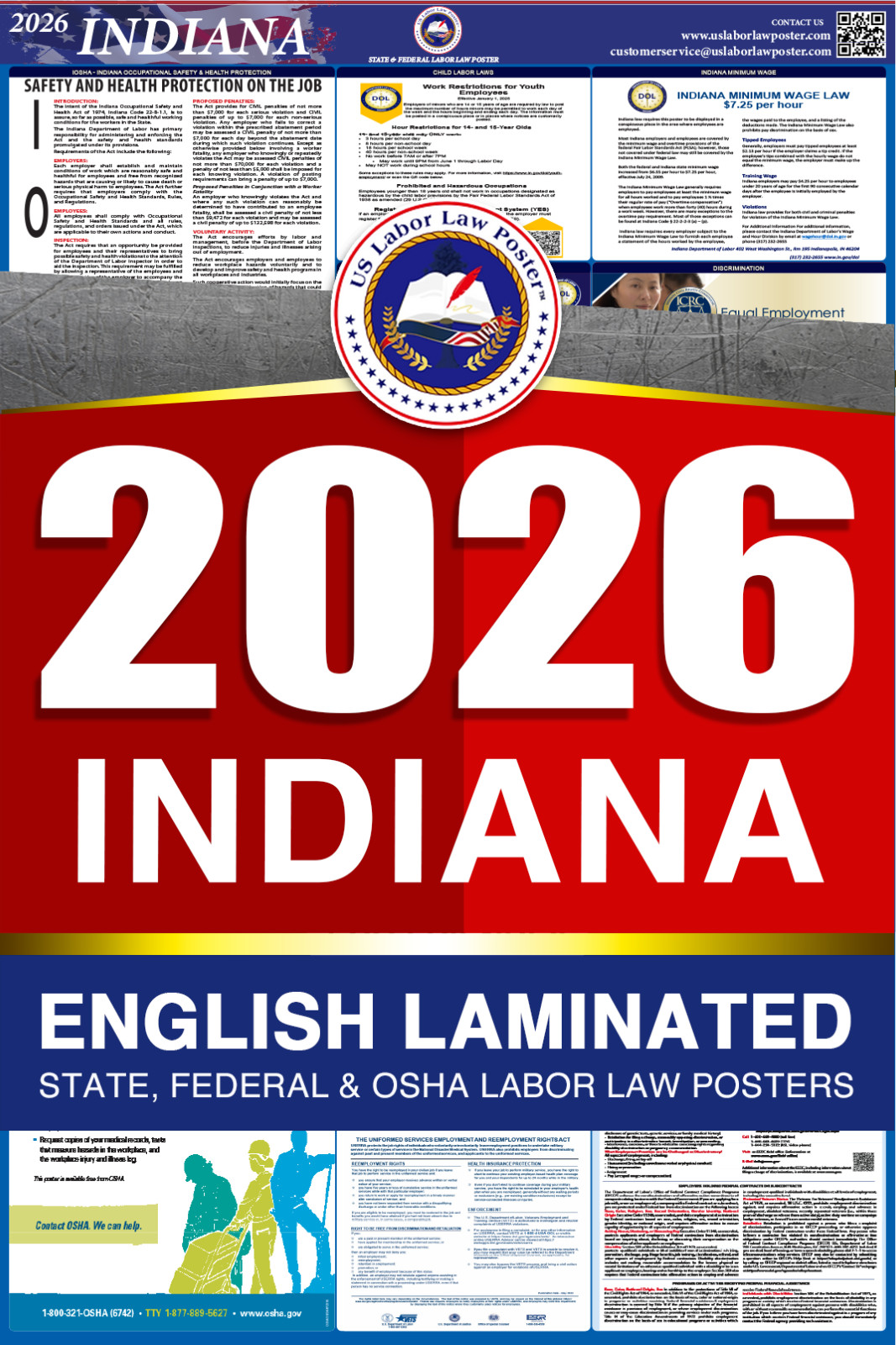 2026 Indiana IN LABOR LAW POSTER (Federal & State) English Laminated