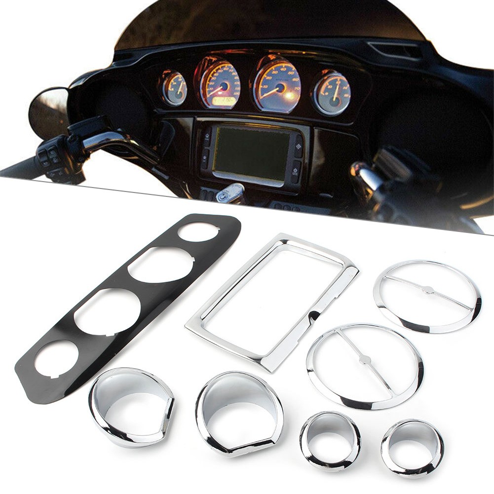 8X Chrome Gauge Bezel Trim Mount Plate For Harley Touring Electra Glide 2014-up