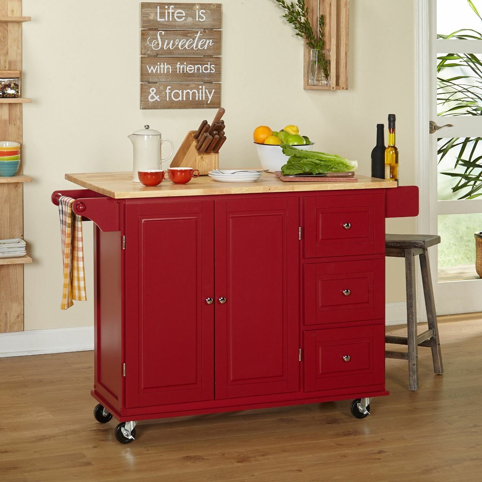 Red Wooden Kitchen Island Utility Cart Rolling Cabinet Storage Drawers Drop Leaf