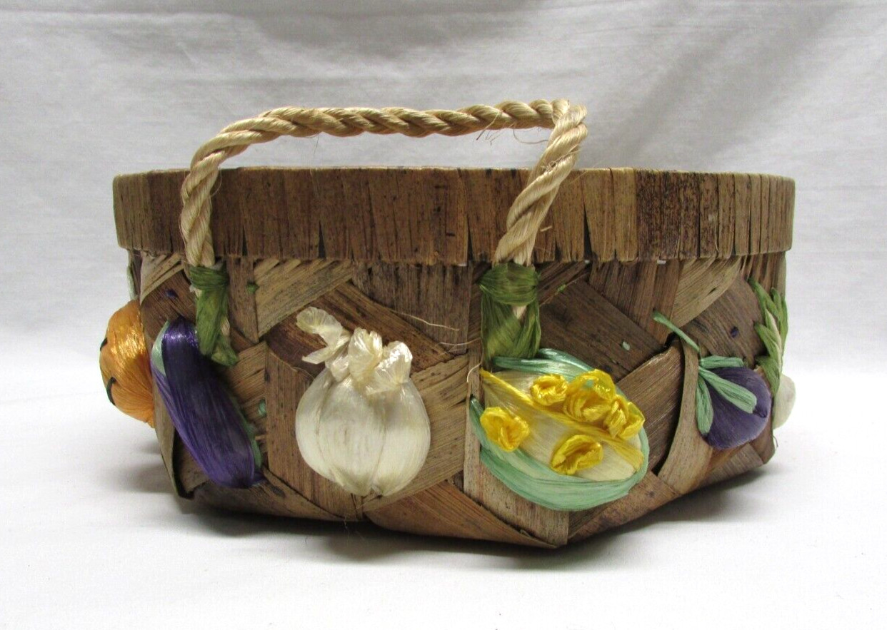 Vintage Handmade Raffia 8in Fruit Basket Burlap Lined Made in Philippines