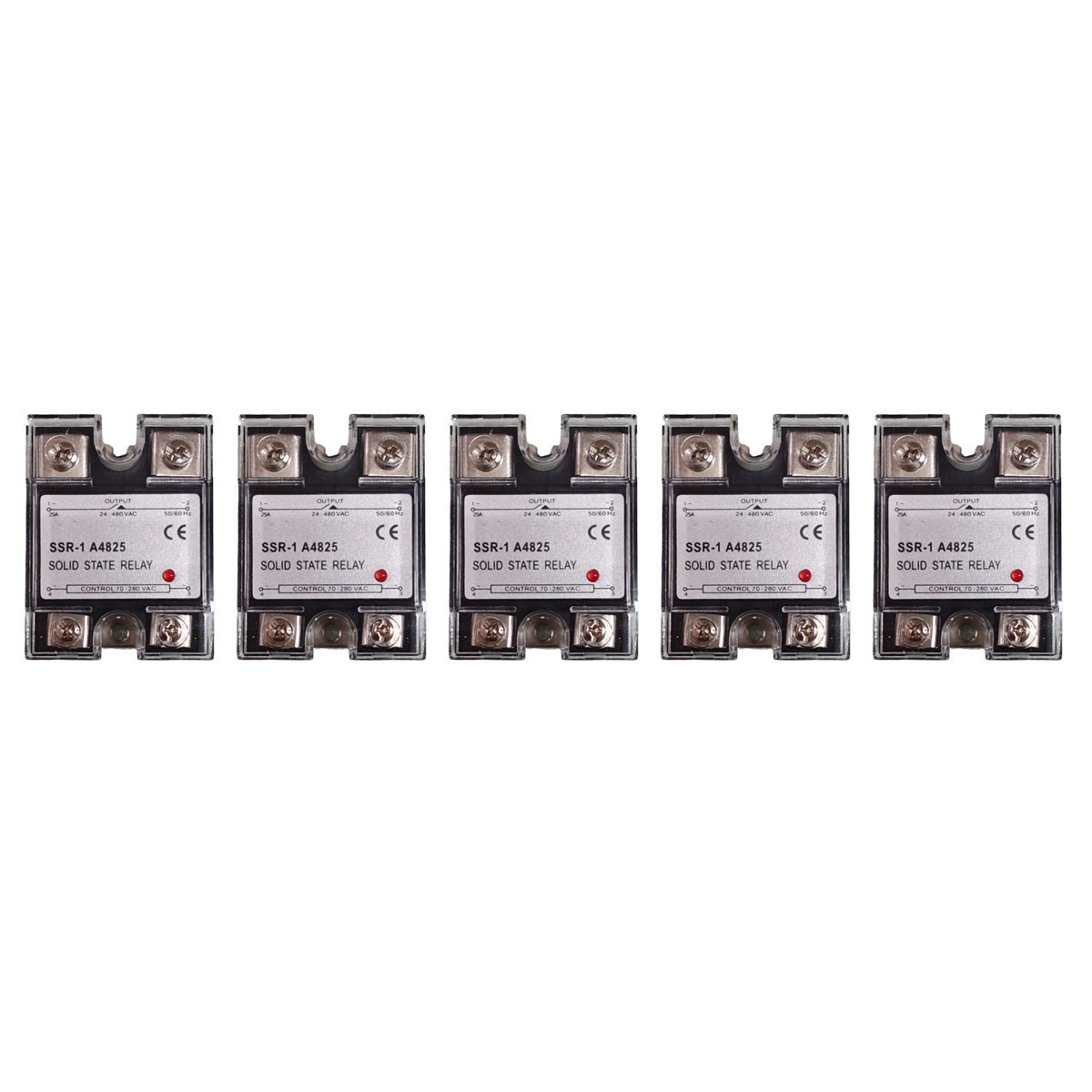 5 pcs SSR-25AA Solid State Relay Single Phase 25A 70-280V AC to 24-480V AC
