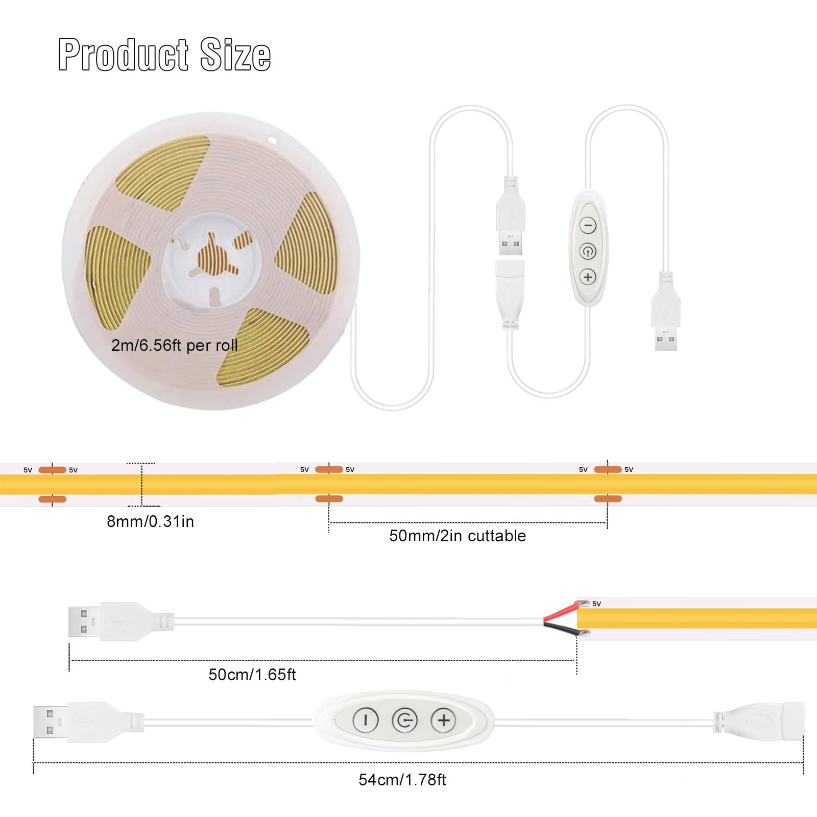 LED Strip Lights 6ft Warm White 2700K with USB Dimmer Switch