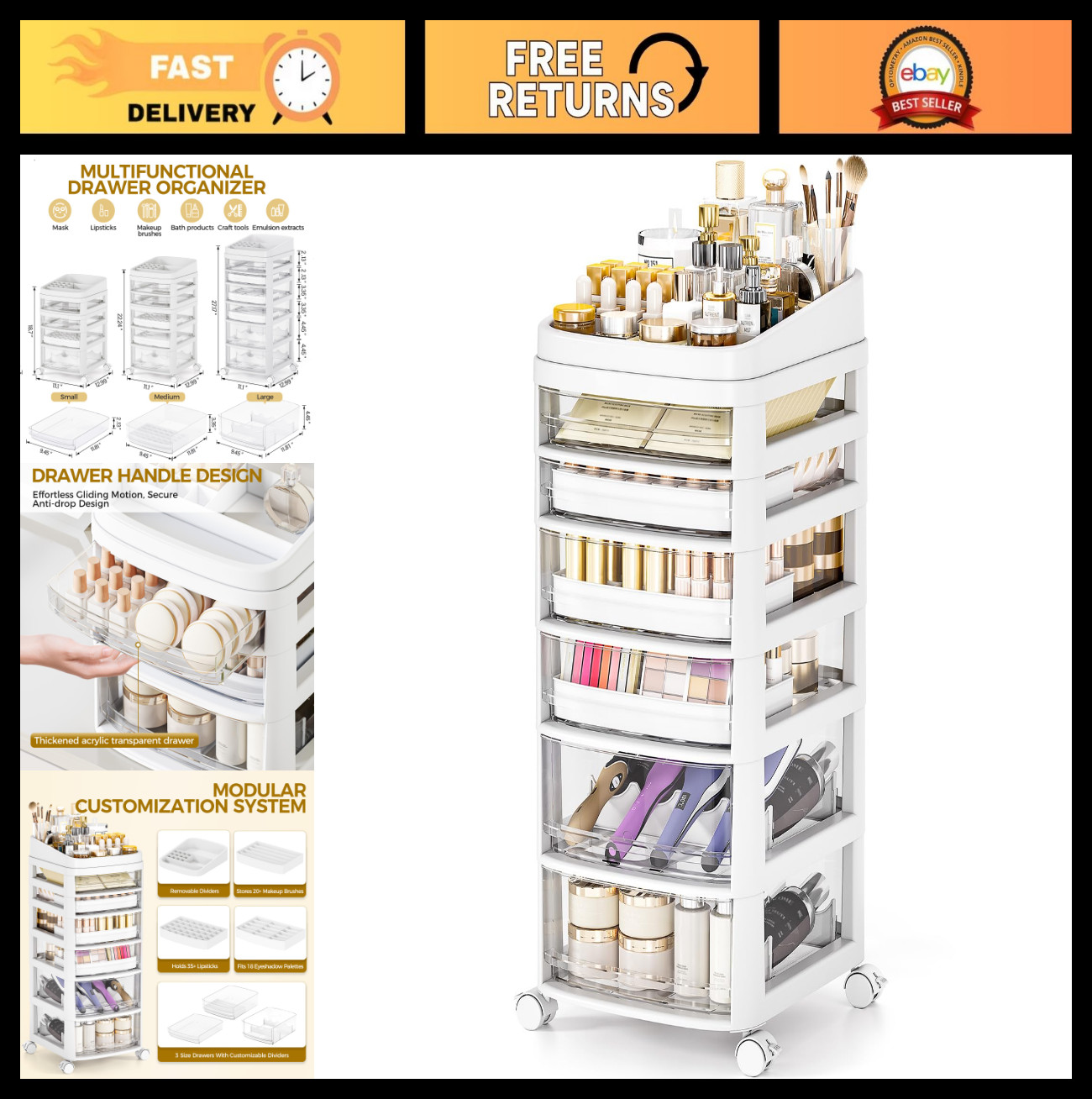 6-Drawer Rolling Cart, Clear Plastic Organizer for Makeup, Crafts & Baby Items,