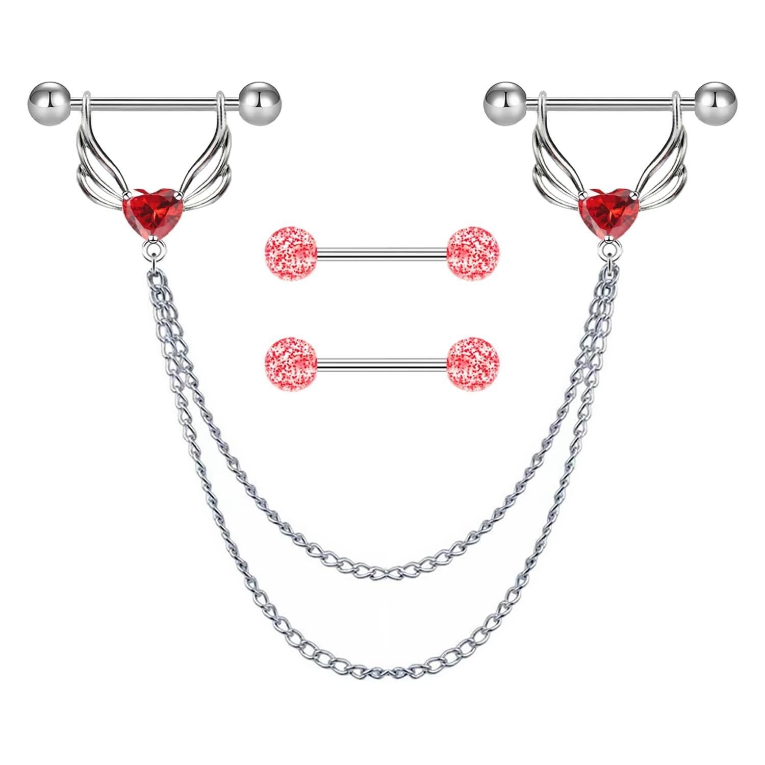 VERAMI 14G 316L Double Chain Connecting Heart CZ Nipple Rings Stainless Steel...