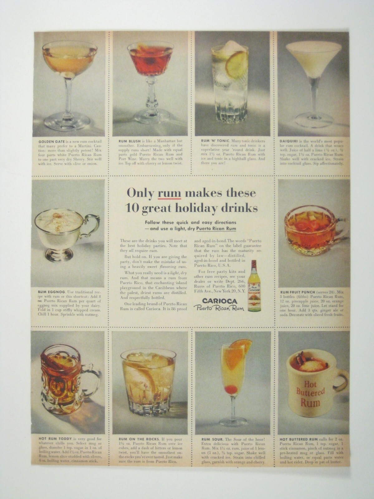 Vintage 1953 Puerto Rican Rum Ad Featuring Holiday Drink Recipes AD