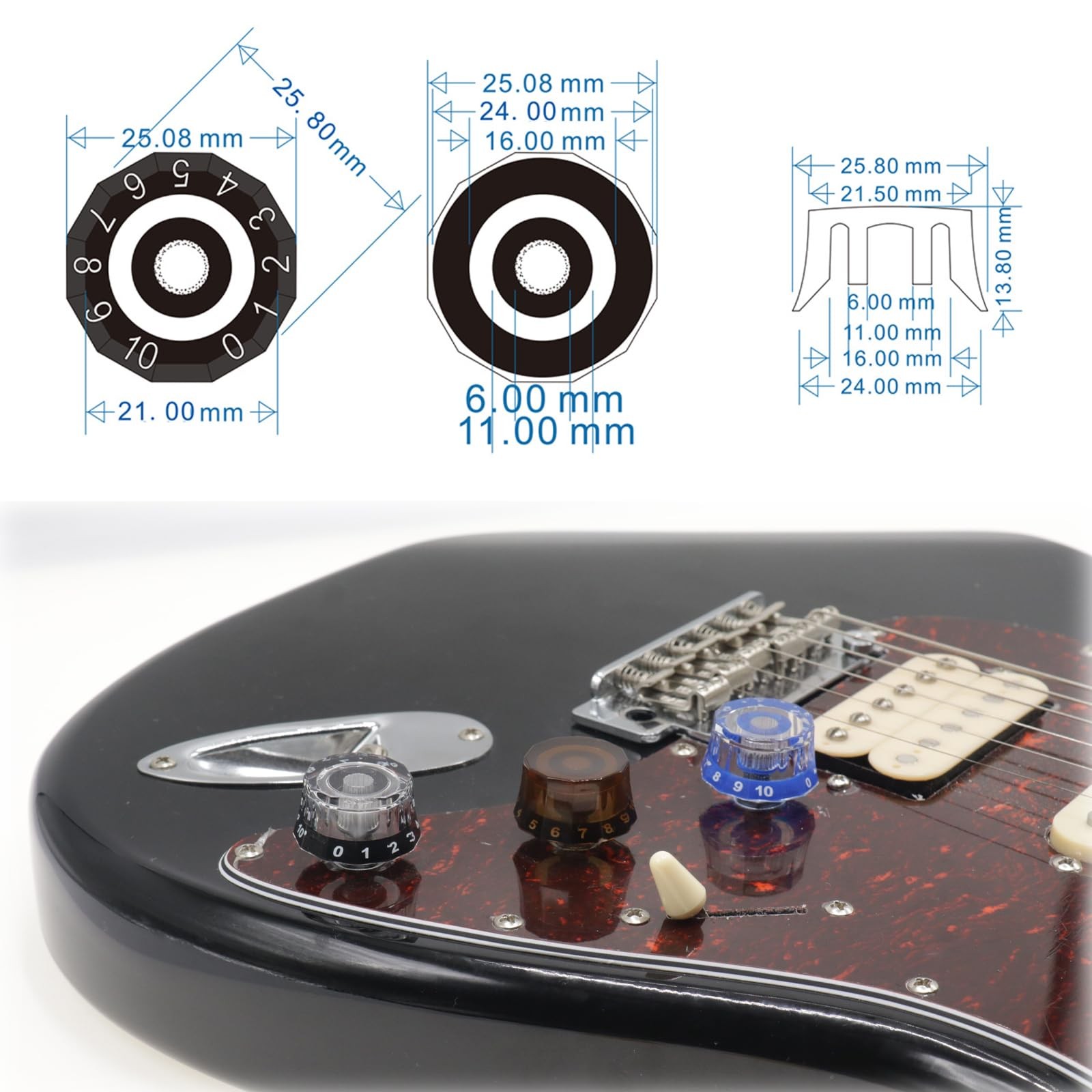 4 Pack Lampshade Guitar Speed Knobs, Clear Black 18 Spline LP SG