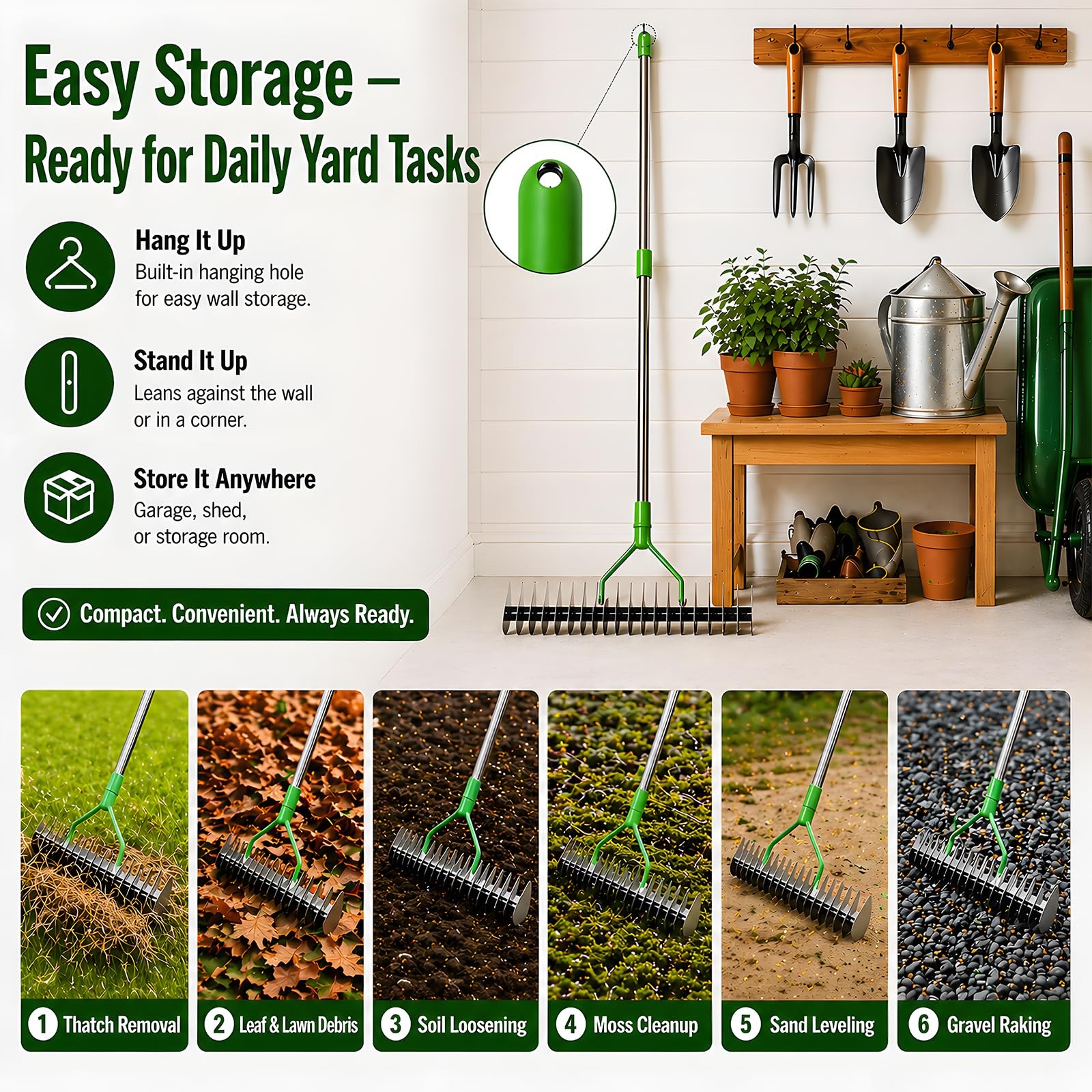 Heavy Duty Thatch Rake for Lawns - 13” Deep-Clean Dethatching Rake for Dead G...