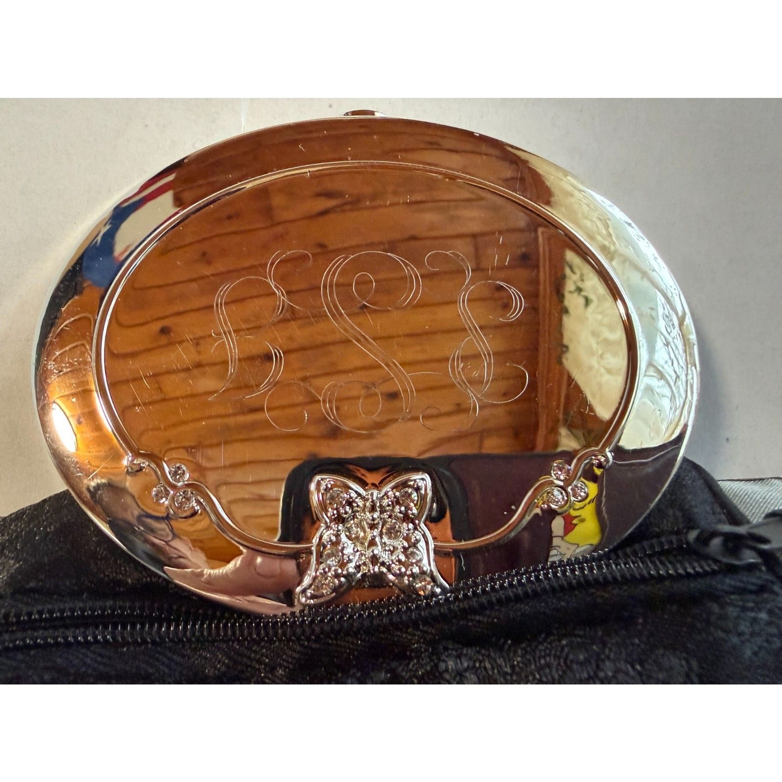Vintage Silver Tone Butterfly Rhinestone Compact Mirror Monogram LSE w/ Pouch