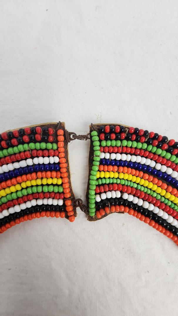 Maasai Tribal Beaded Leather Bib Collar Necklace - 8 1/4 x 5 1/4 in, Vintage