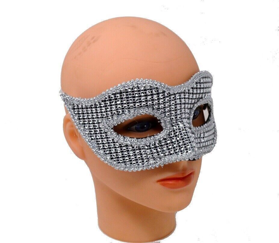 2x Silver metallic Masquerade Mask crystal studs like ribbon Mardi Grass Party 2