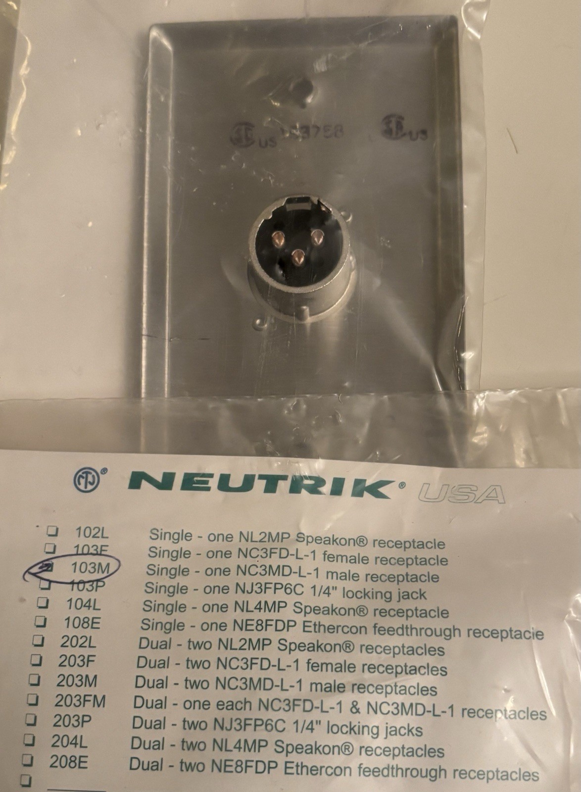 Neutrik 103M Single- One NC3MD-L-male Receptacle New In Sealed Package