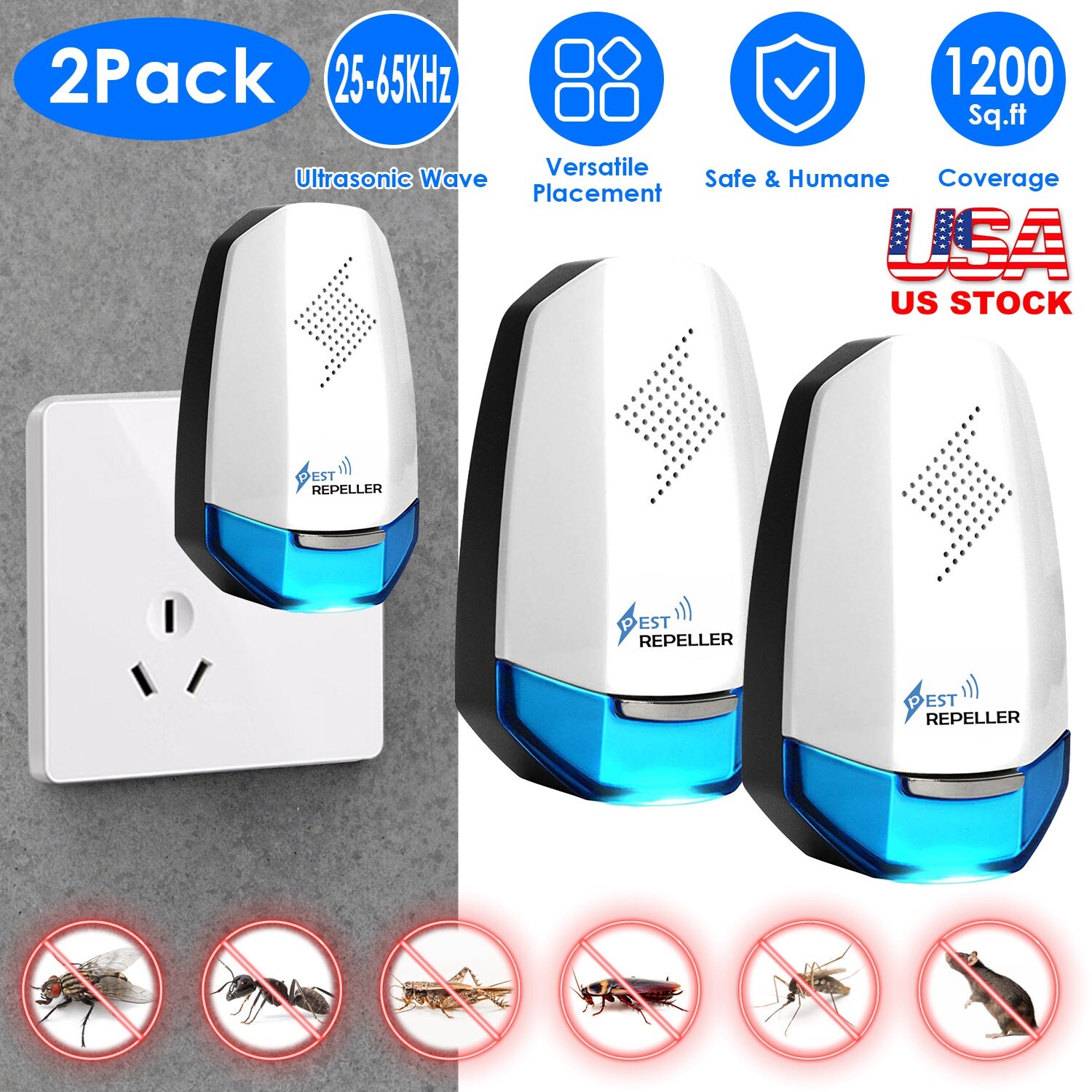 2x Ultrasonic w/ Night light Plug In Bed Bug Mouse