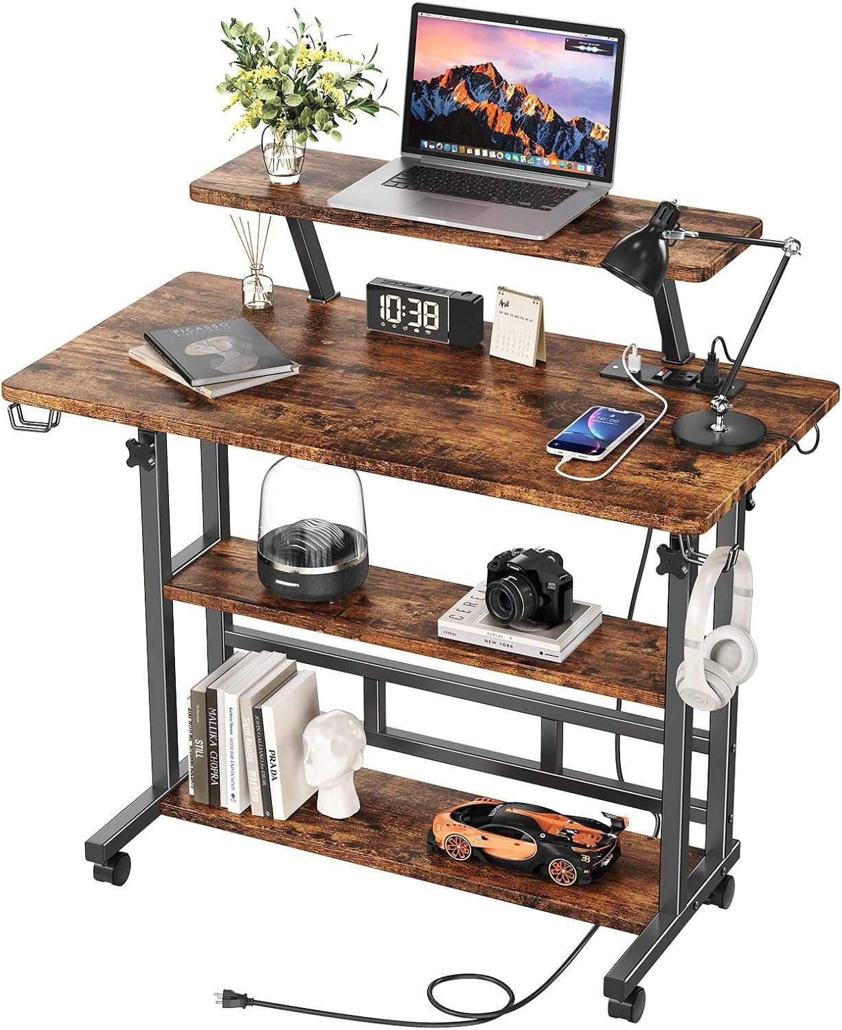 Adjustable Height Standing Desk with Power Outlets, Rolling Stand up Desk with M