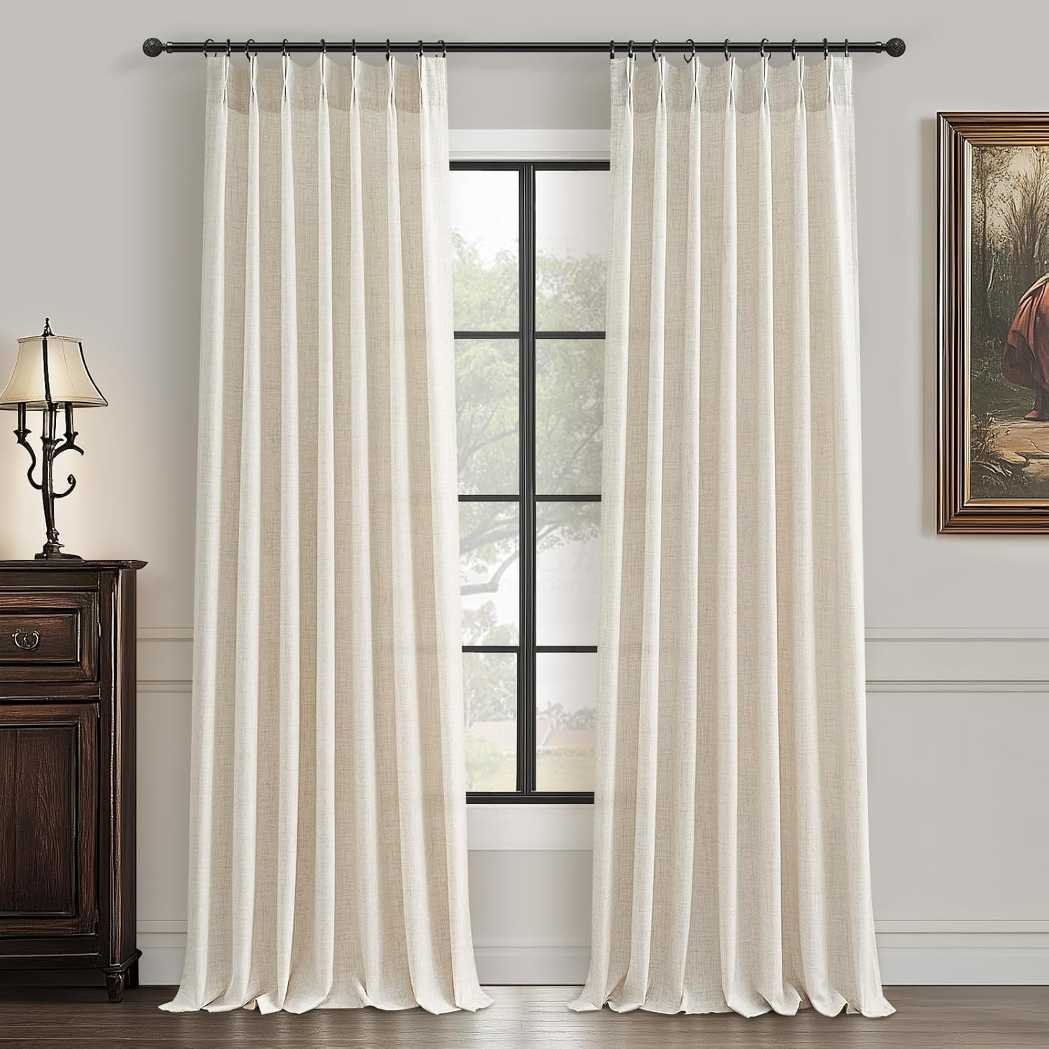 Elegant 105" Custom Pinch Pleated Curtains - 2 Panel Set, Semi-Sheer Linen Blend
