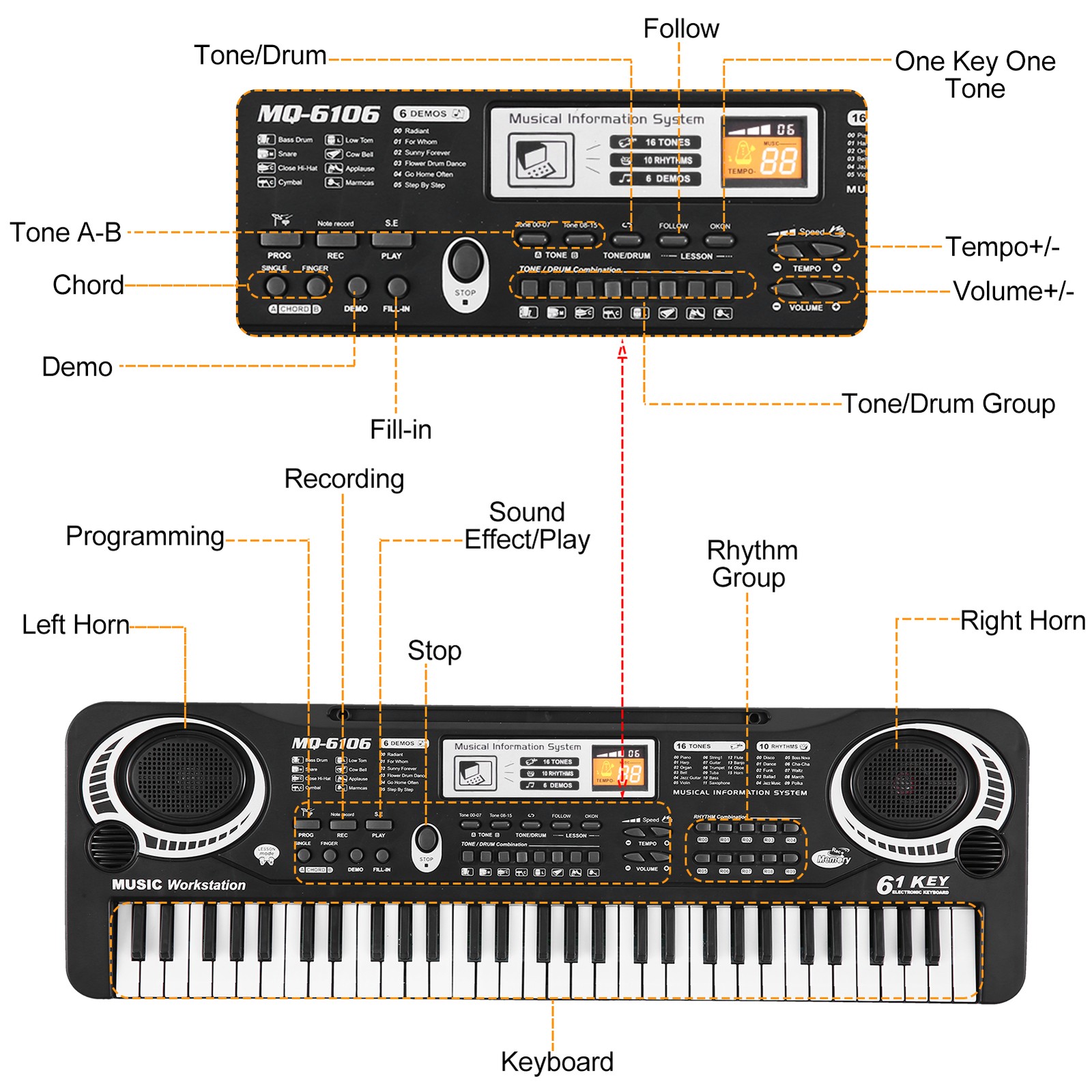 61 Keys USB Keyboard Complete Accessory Microphone Cable For Beginner Kids