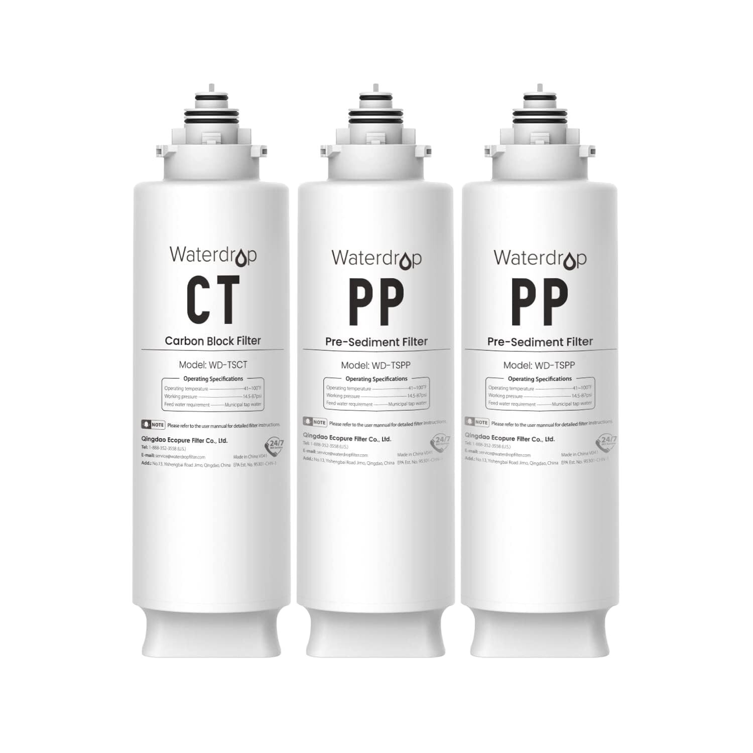 Waterdrop Undersink Replacement Water Filter, 2PP+CT, Replacement for TSU-W