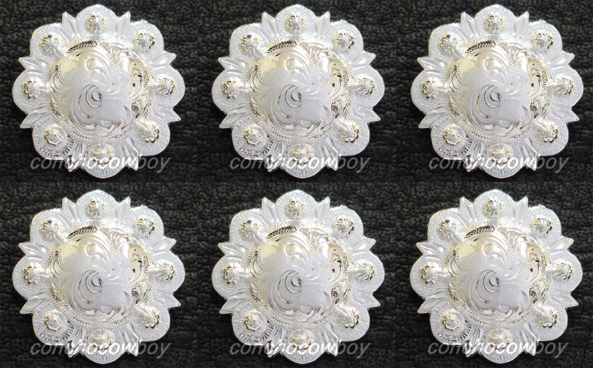 Set of 6 WESTERN HORSE SADDLE TACK BRIGHT SILVER BERRY CONCHOS 1" screw back
