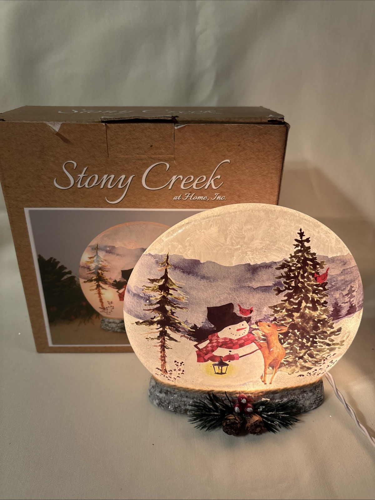 Stony Creek Lighted Glass Globe The Forest With Deer Snowman Plug Resin Base