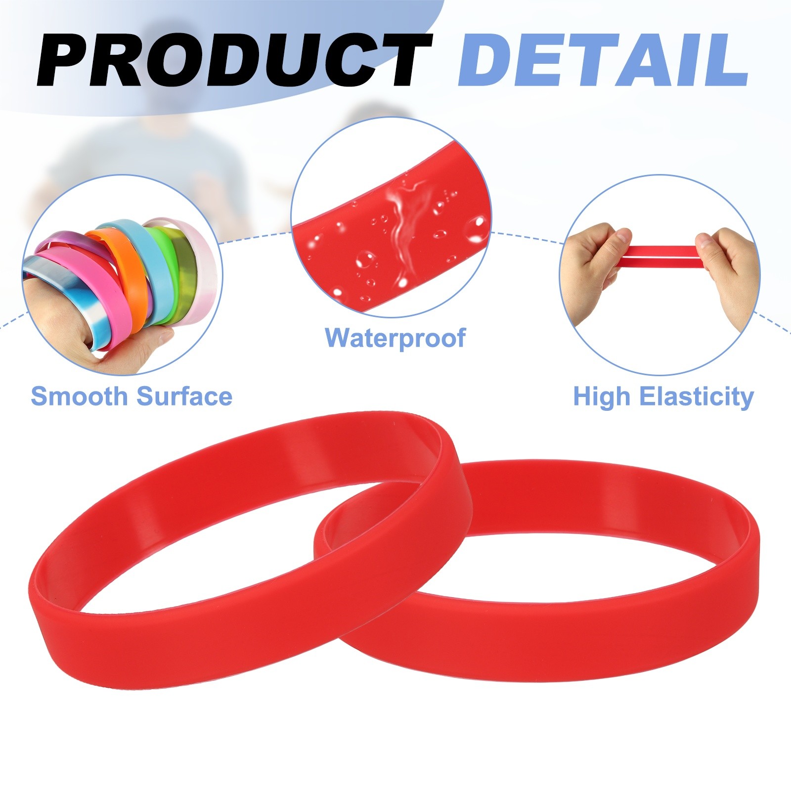 Silicone Wrist Bands, Color Pattern Rubber Bracelets 50 Pcs&8"& Red
