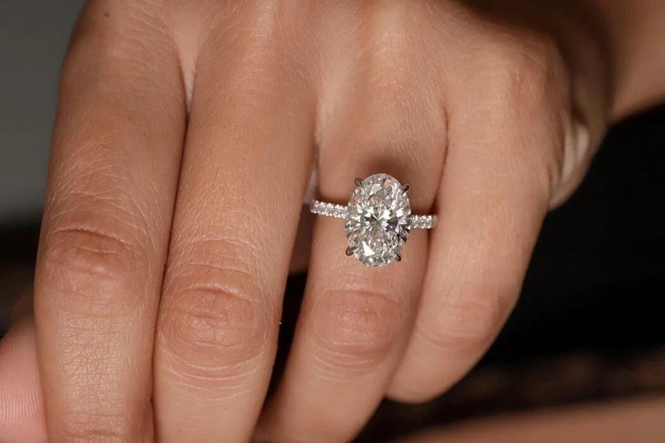 White Moissanite 3.30 Ct Oval Cut Prong Engagement Ring 925 Sterling Silver