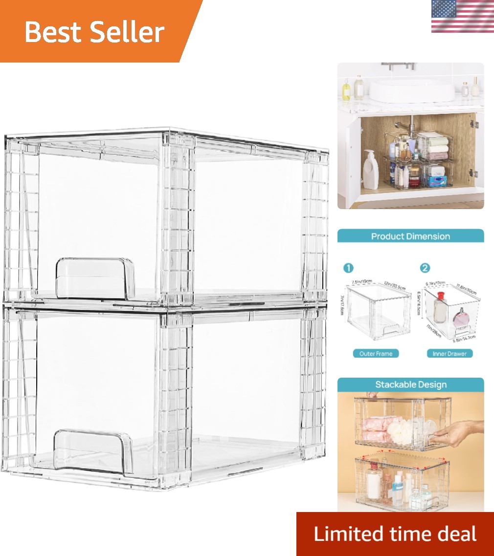 2 Pack Large Stackable Storage Drawers, Clear | Easily Assemble Acrylic, Bath...