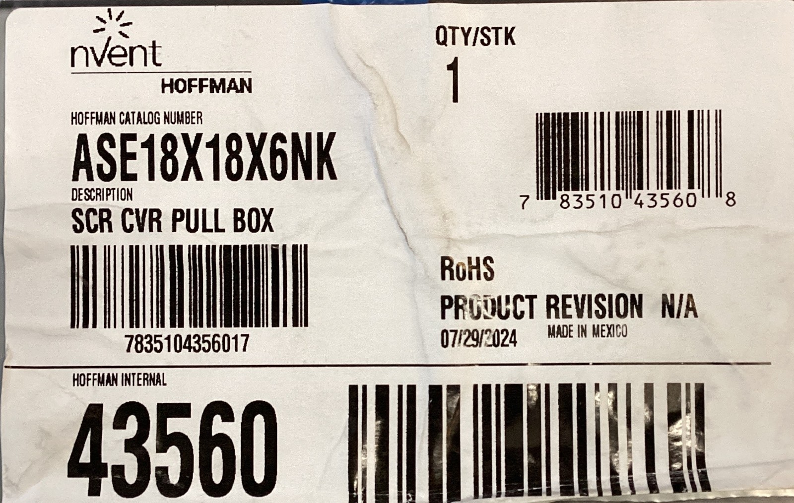 Hoffman ASE18X18X6NK Screw Cover Enclosure No Knockouts 18x18x6 Gray Steel